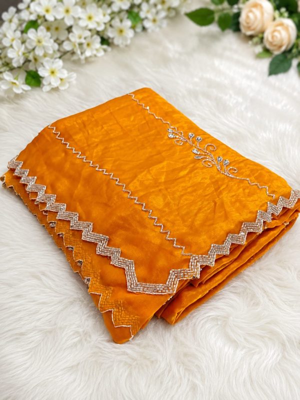 Orange Silk Saree with Silver Zigzag Border & Embellished Work